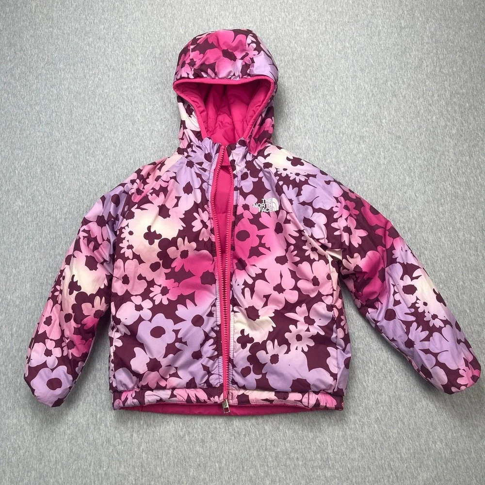 The North Face Puffer Jacket Kids 4 Reversible Pink Floral Hooded Insulated EUC